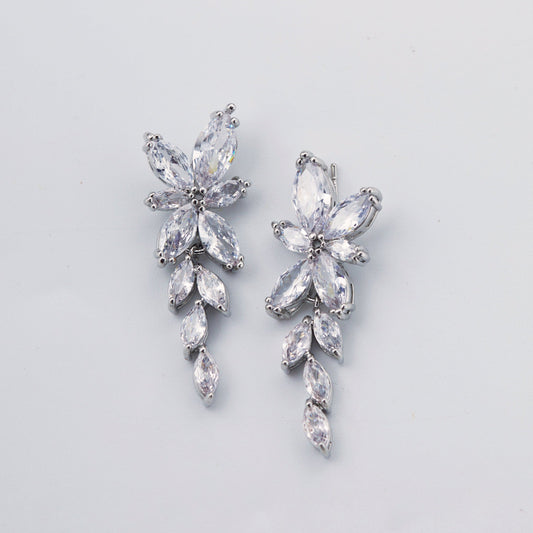 Silver Floral Crystal Drop Earrings