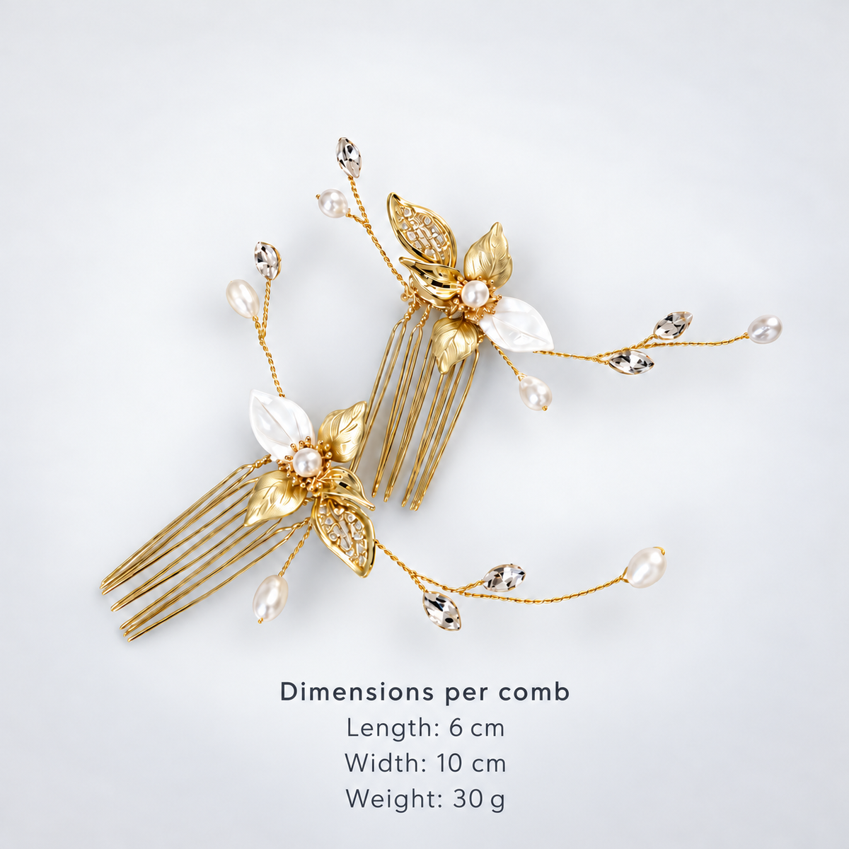 Two 14K gold-plated bridal hair combs with white pearl accents, CZ stones and visible comb teeth