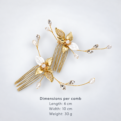 Two 14K gold-plated bridal hair combs with white pearl accents, CZ stones and visible comb teeth