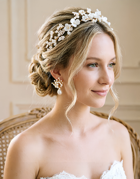YINIW | Handmade Seed Bead Floral Bridal Headband with Pearl Firework Earrings Set