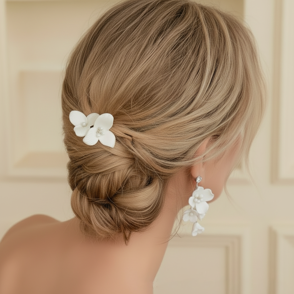 Bride wearing ceramic flower hair comb and earrings wedding day