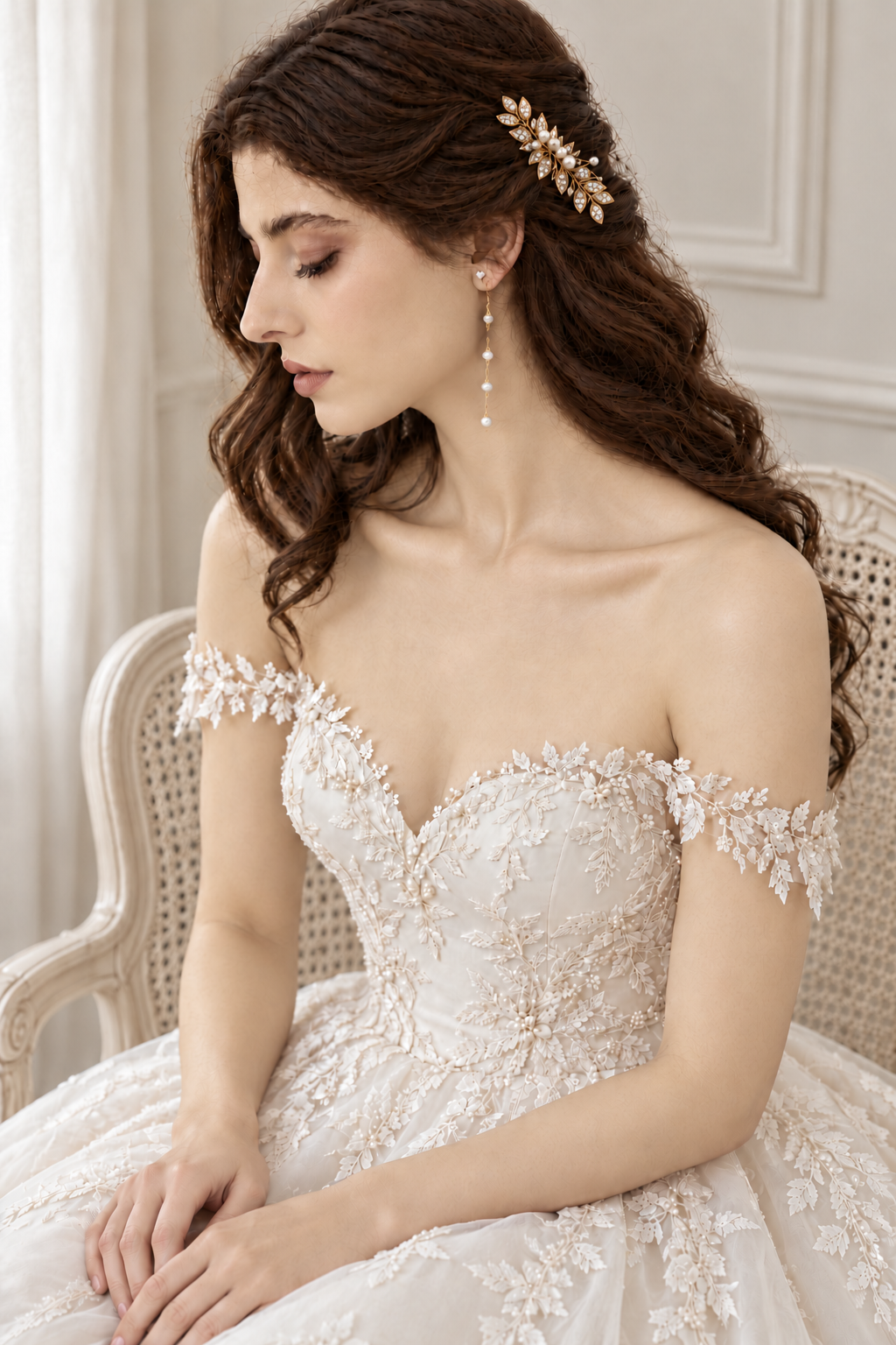 Seated bride wearing a gold leaf bridal hair comb with an off-the-shoulder lace wedding dress