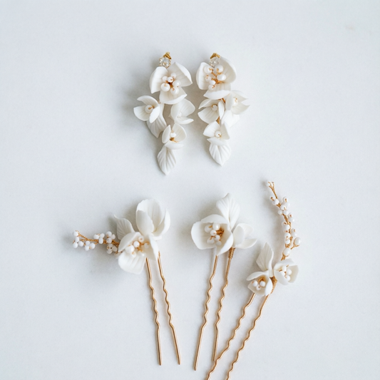 ANNI | Porcelain Flower Bridal Hair Pins & Earrings Set