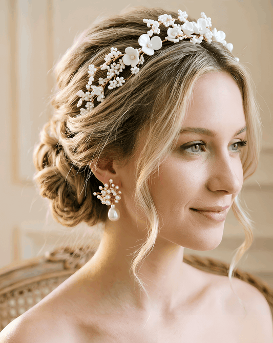YINIW | Handmade Seed Bead Floral Bridal Headband with Pearl Firework Earrings Set