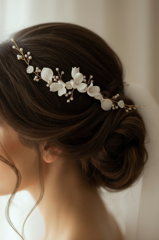 Bride wearing white porcelain flower bridal hair comb with freshwater pearls in elegant updo