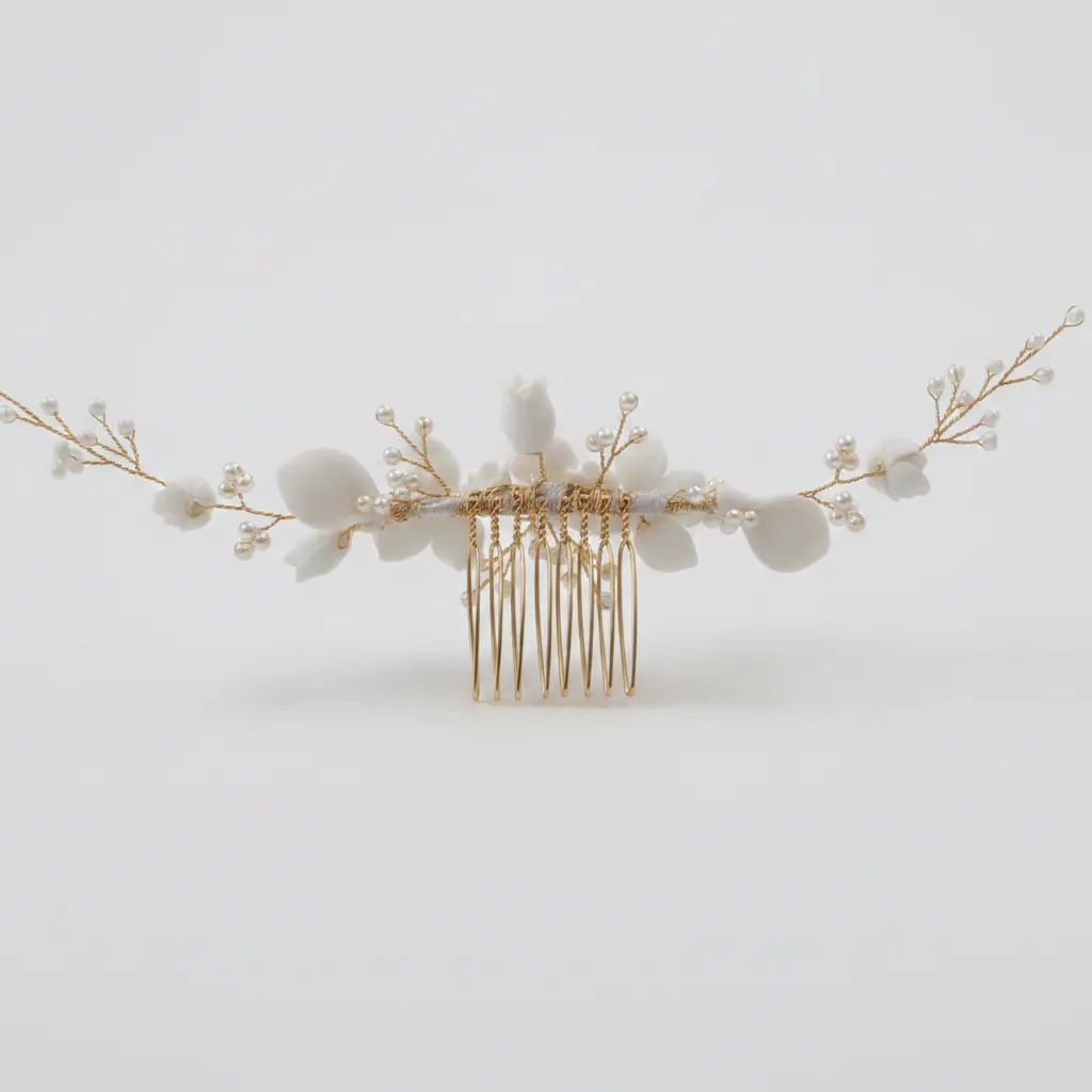 Gold-tone metal comb base of white porcelain bridal hair piece, secure grip design