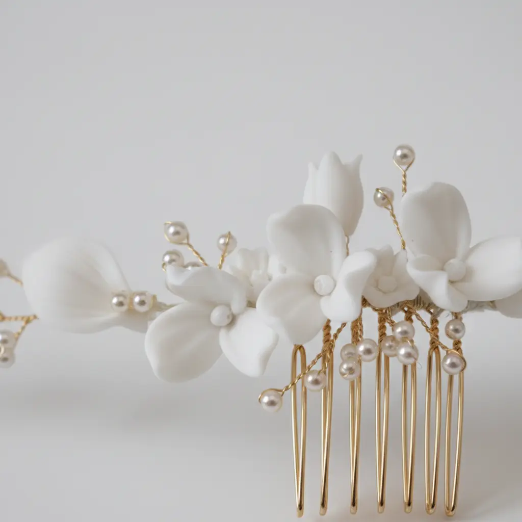 Side detail of handmade porcelain floral wedding hair comb with pearl and crystal accents
