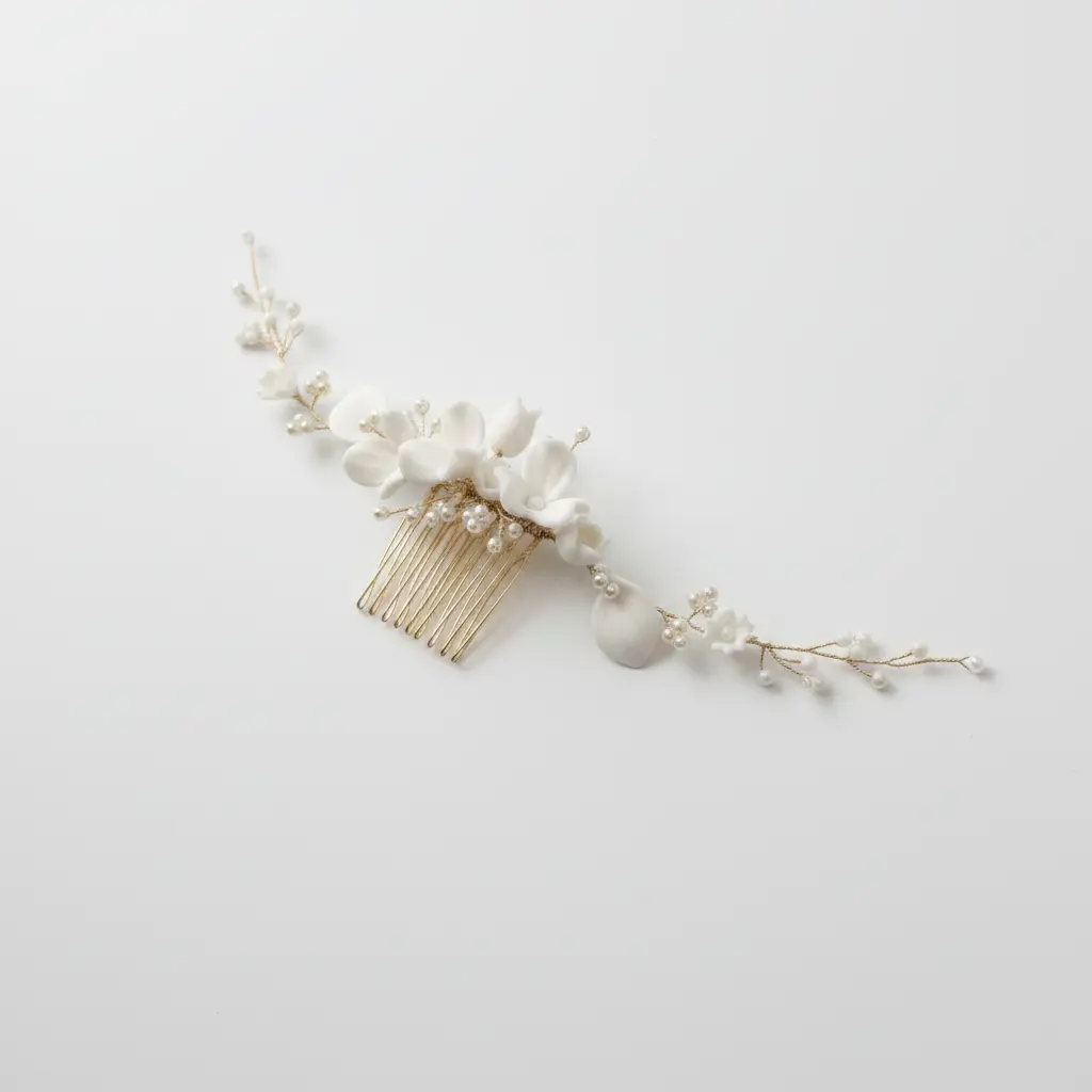 White porcelain flower bridal hair comb with pearls, front view on white background