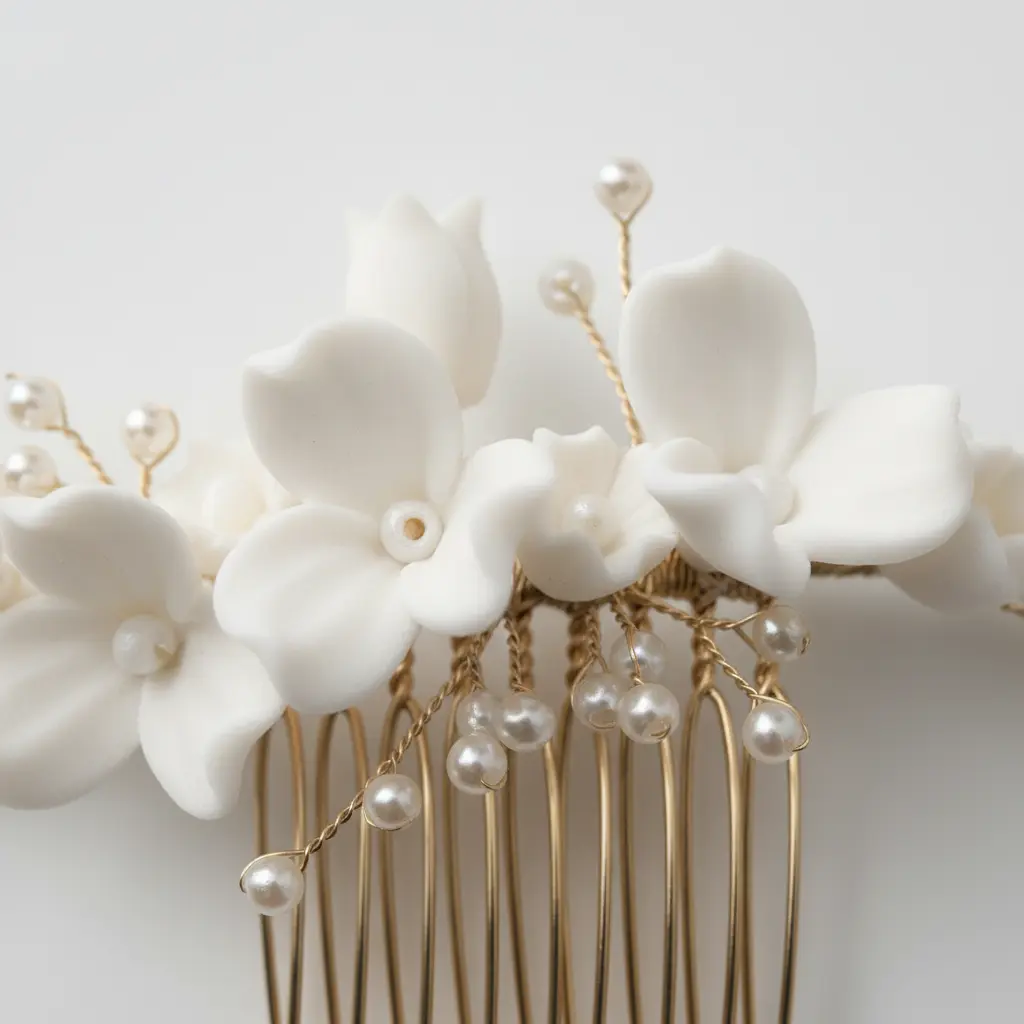 Side detail of handmade porcelain floral wedding hair comb with pearl and crystal accents