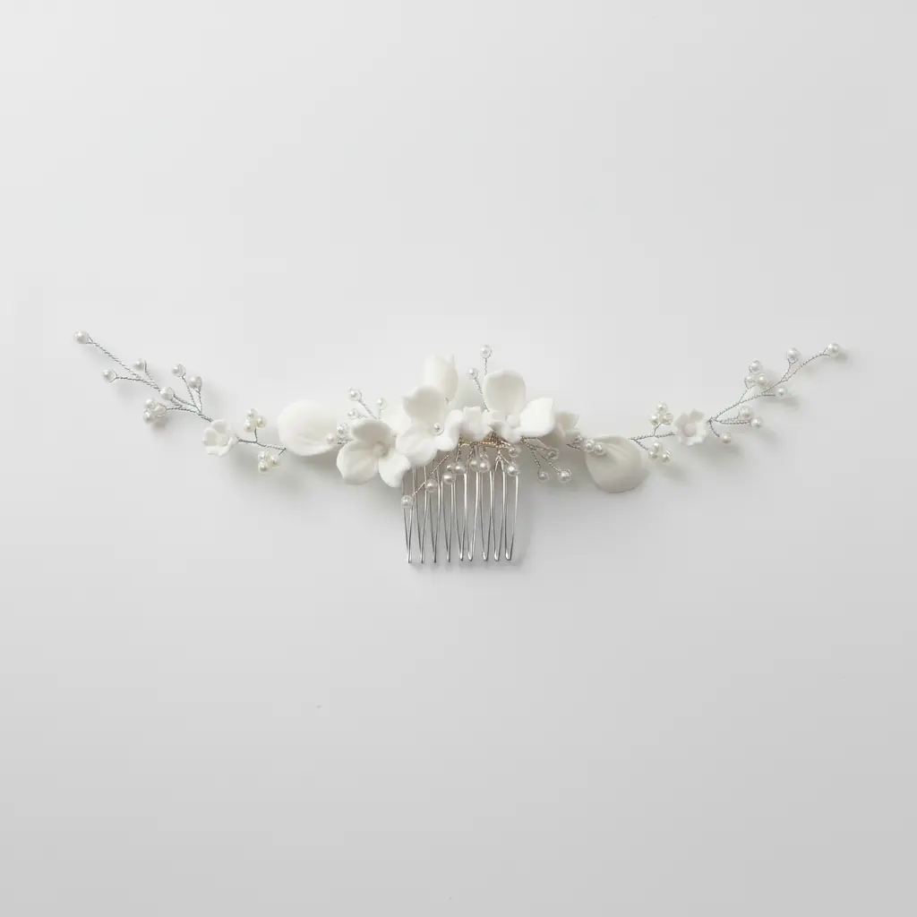 White porcelain flower bridal hair comb with pearls, front view on white background