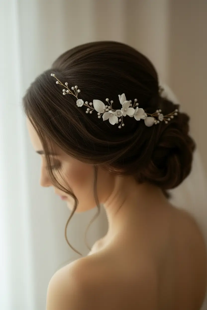 Bridal side profile with white porcelain flower pearl comb in low bun hairstyle
