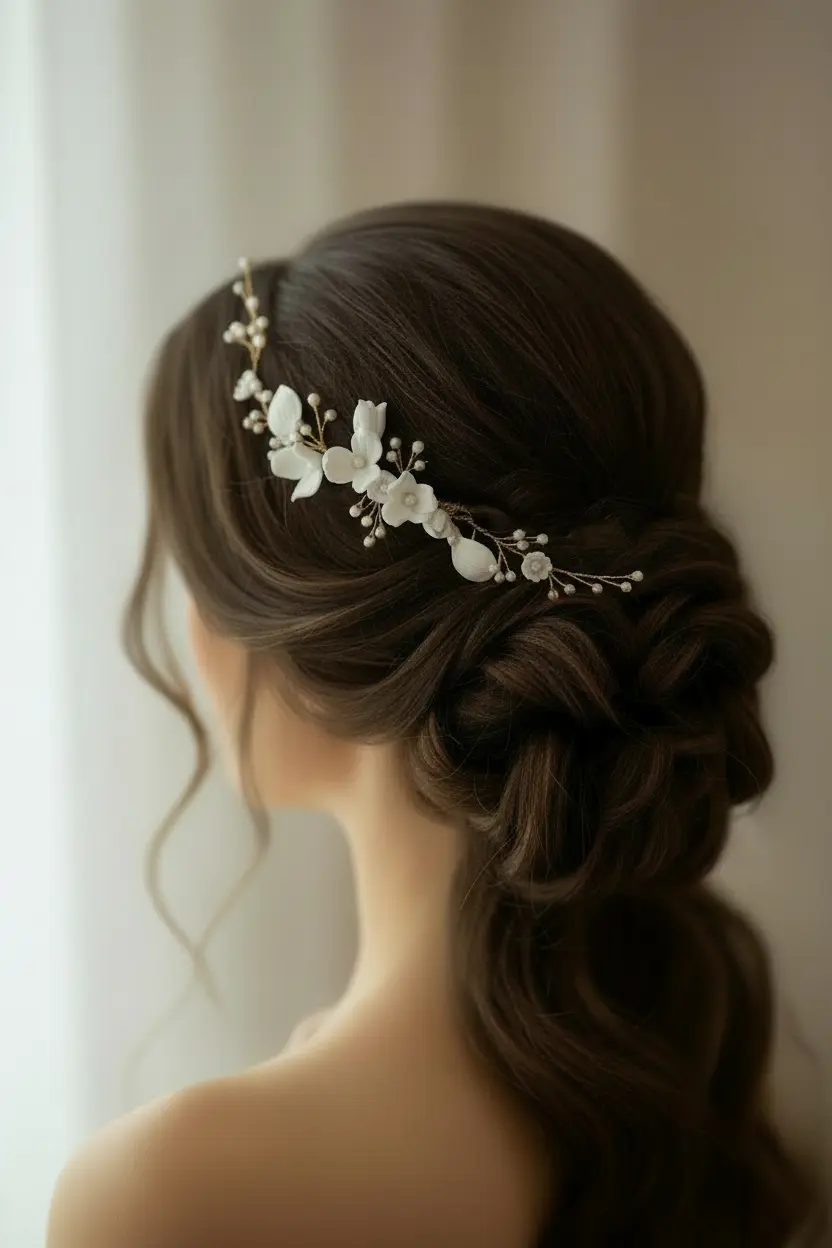 Bridal side profile with white porcelain flower pearl comb in low bun hairstyle