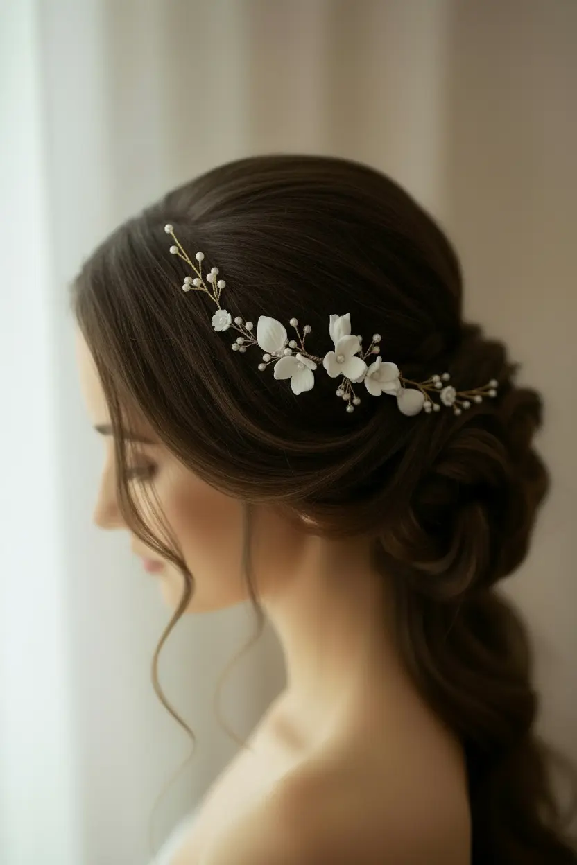 Bridal side profile with white porcelain flower pearl comb in low bun hairstyle
