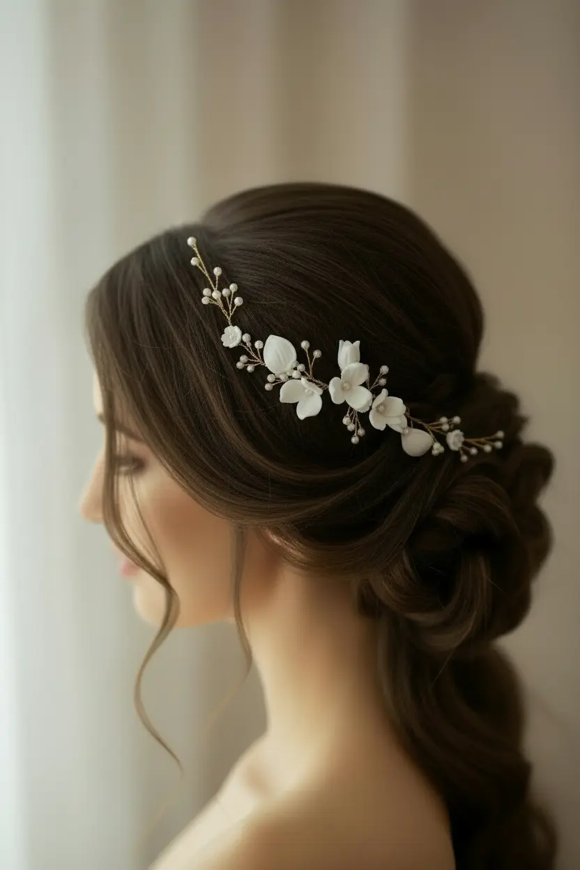 Bridal side profile with white porcelain flower pearl comb in low bun hairstyle