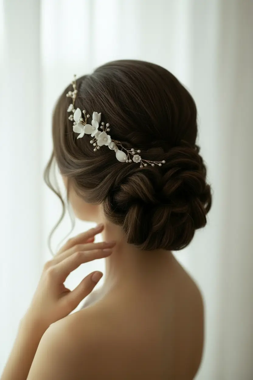 Bridal side profile with white porcelain flower pearl comb in low bun hairstyle