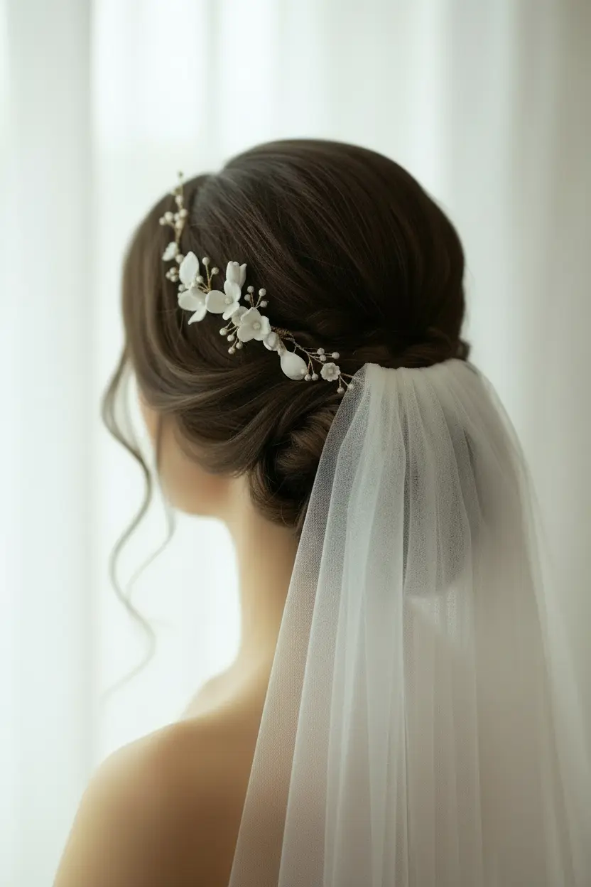 Bridal side profile with white porcelain flower pearl comb in low bun hairstyle