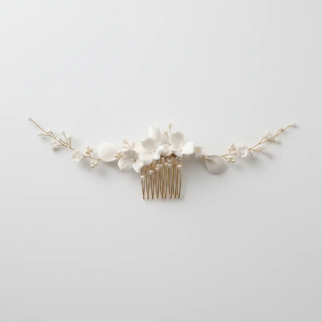 White porcelain flower bridal hair comb with pearls, front view on white background