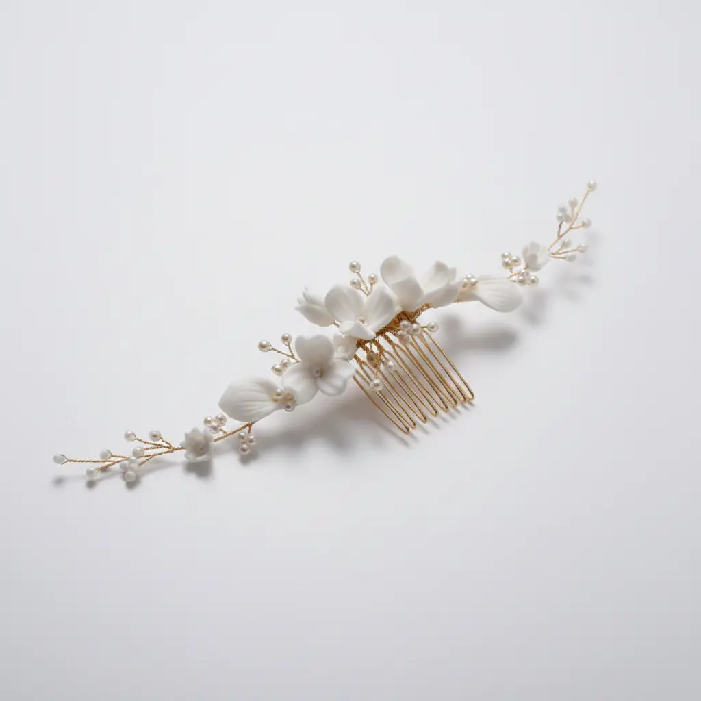 White porcelain flower bridal hair comb with pearls, front view on white background