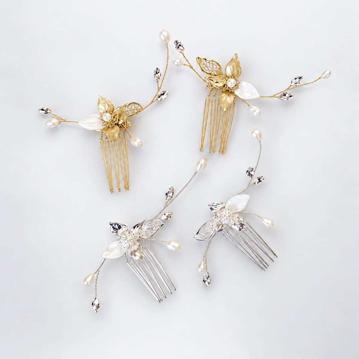 Gold and silver bridal hair comb pairs with pearl accents and CZ stones, showing both finish options