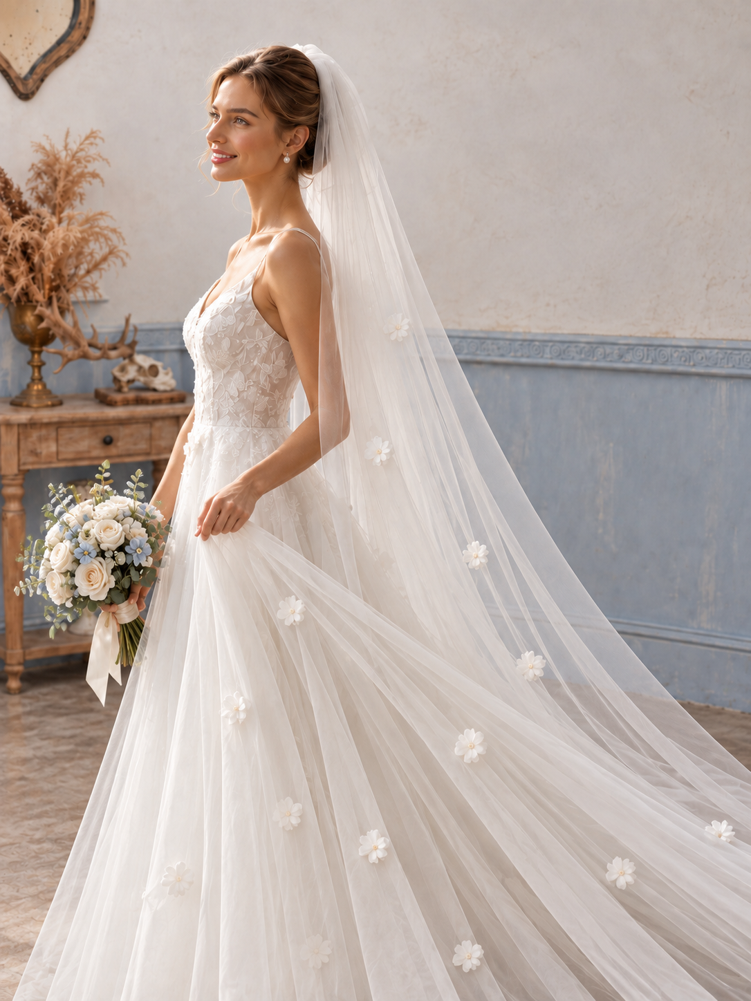 Side view of a bride wearing a sheer white wedding veil with scattered fabric flowers
