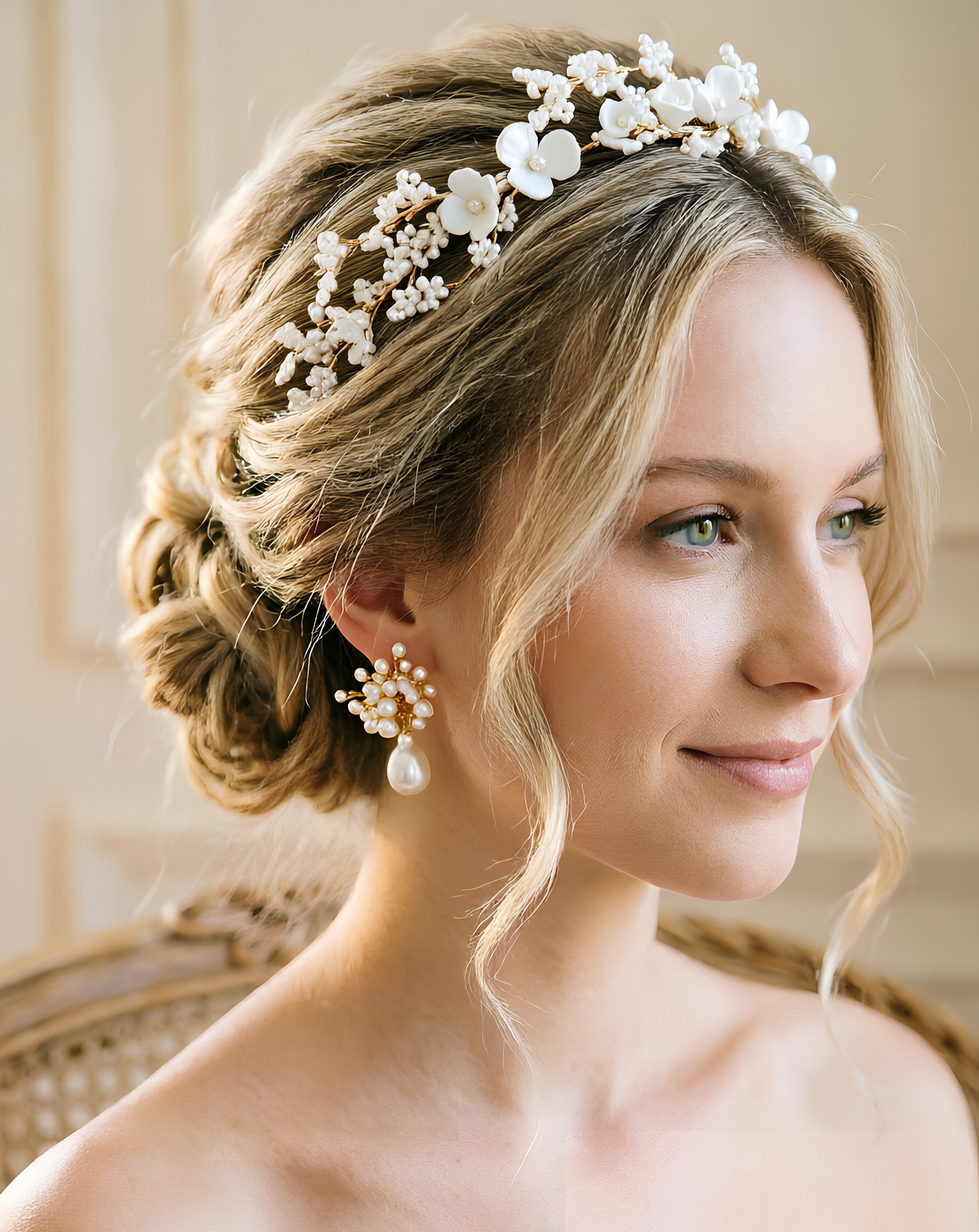 YINIW | Handmade Seed Bead Floral Bridal Headband with Pearl Firework Earrings Set