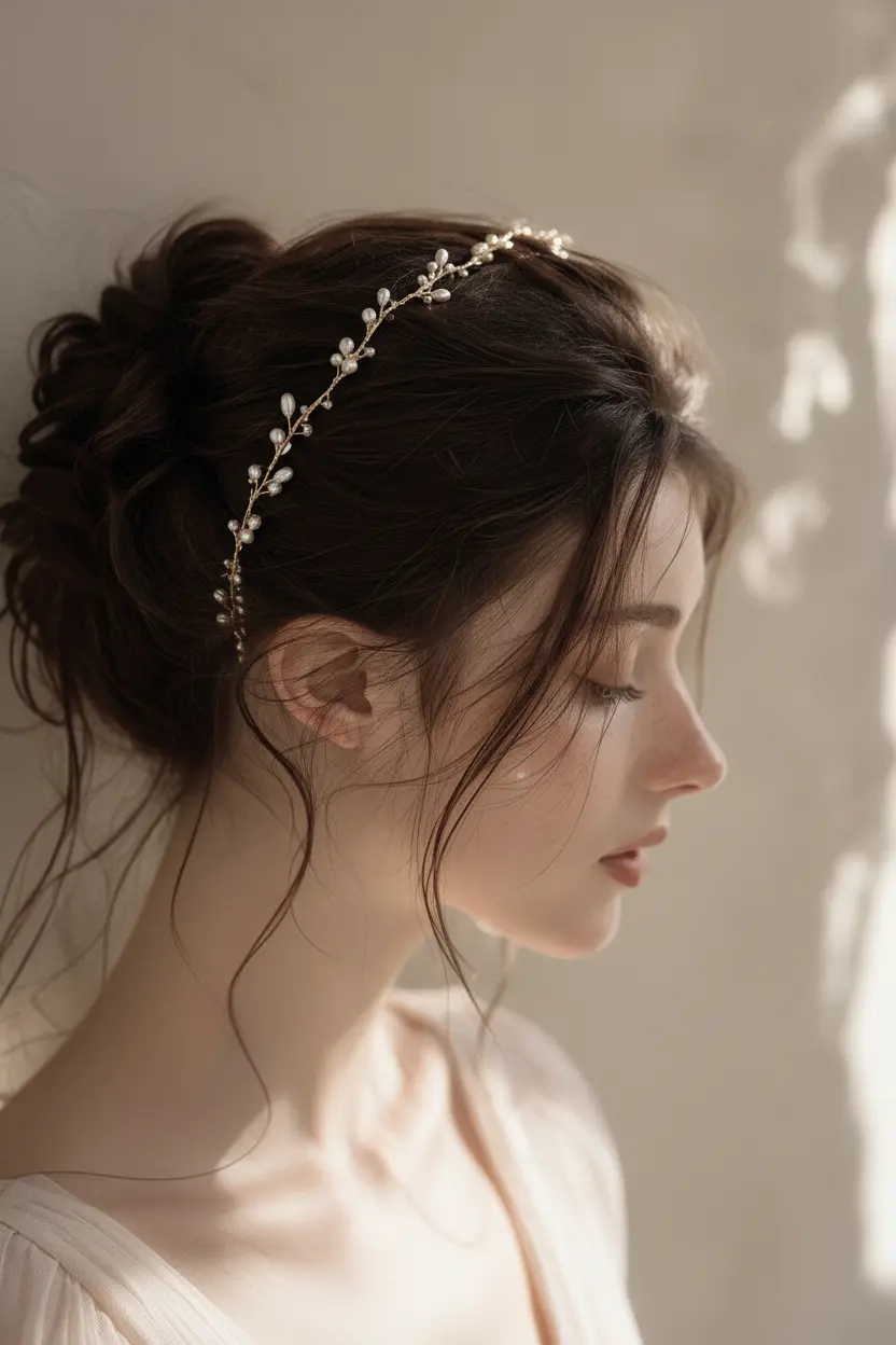 Bride wearing delicate pearl and gold wire wedding crown in side profile, showcasing lightweight adjustable bridal headpiece