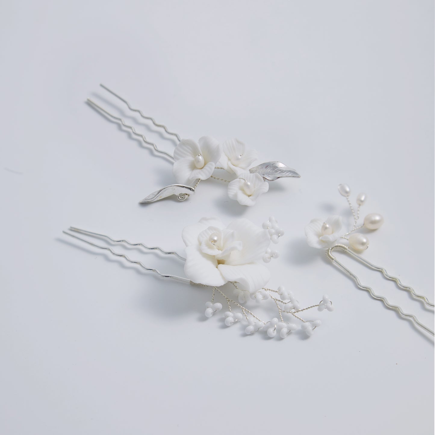 Set of 3 Elegant Pearl and Porcelain Floral Bridal Hairpins