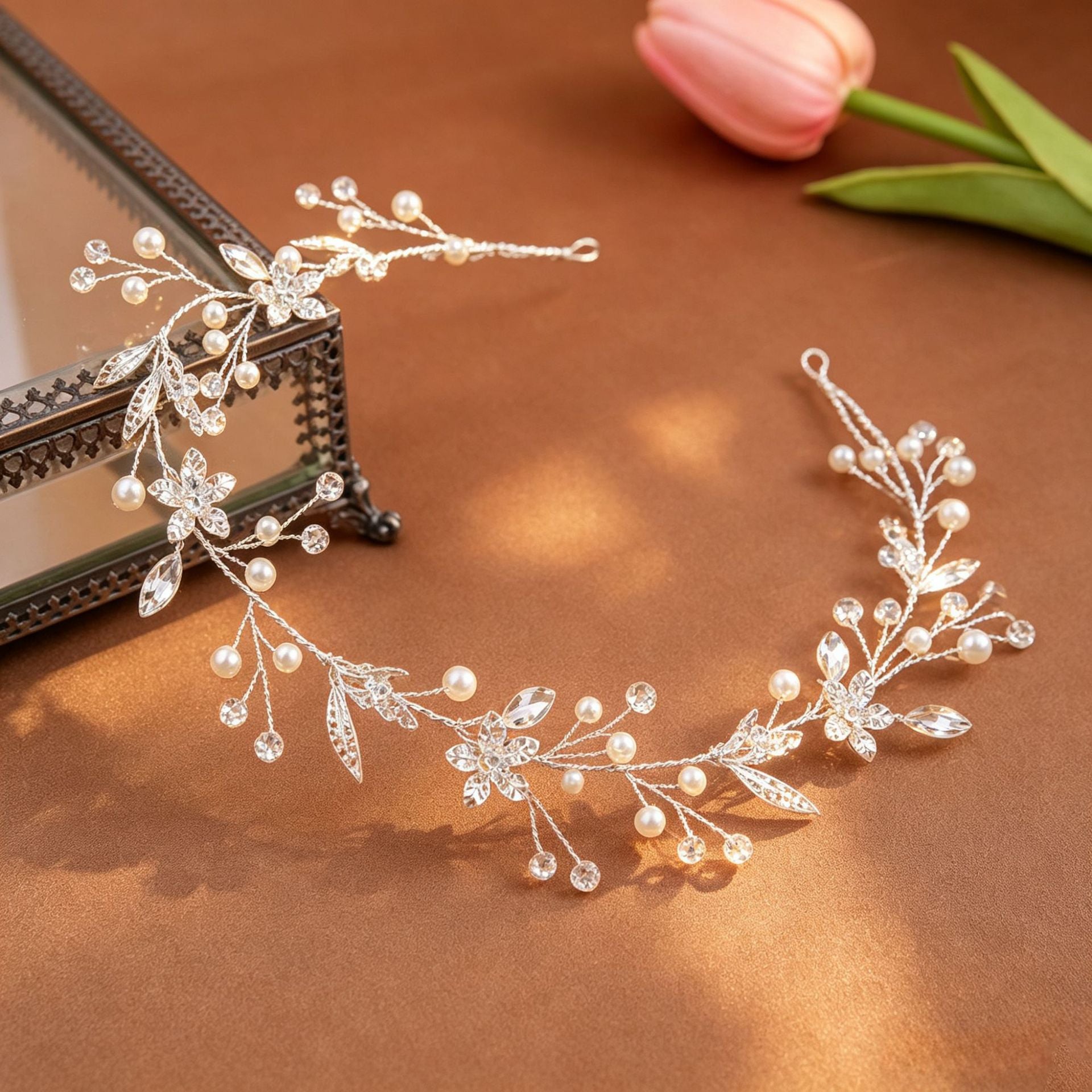 Silver pearl crystal bridal hair vine with flexible wire branches and floral crystal details on brown background