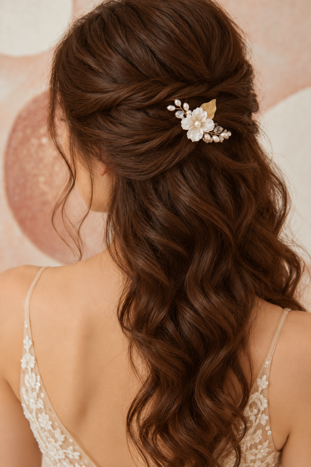 Rear view of a bride wearing the white flower and crystal hair comb in long brown hair.