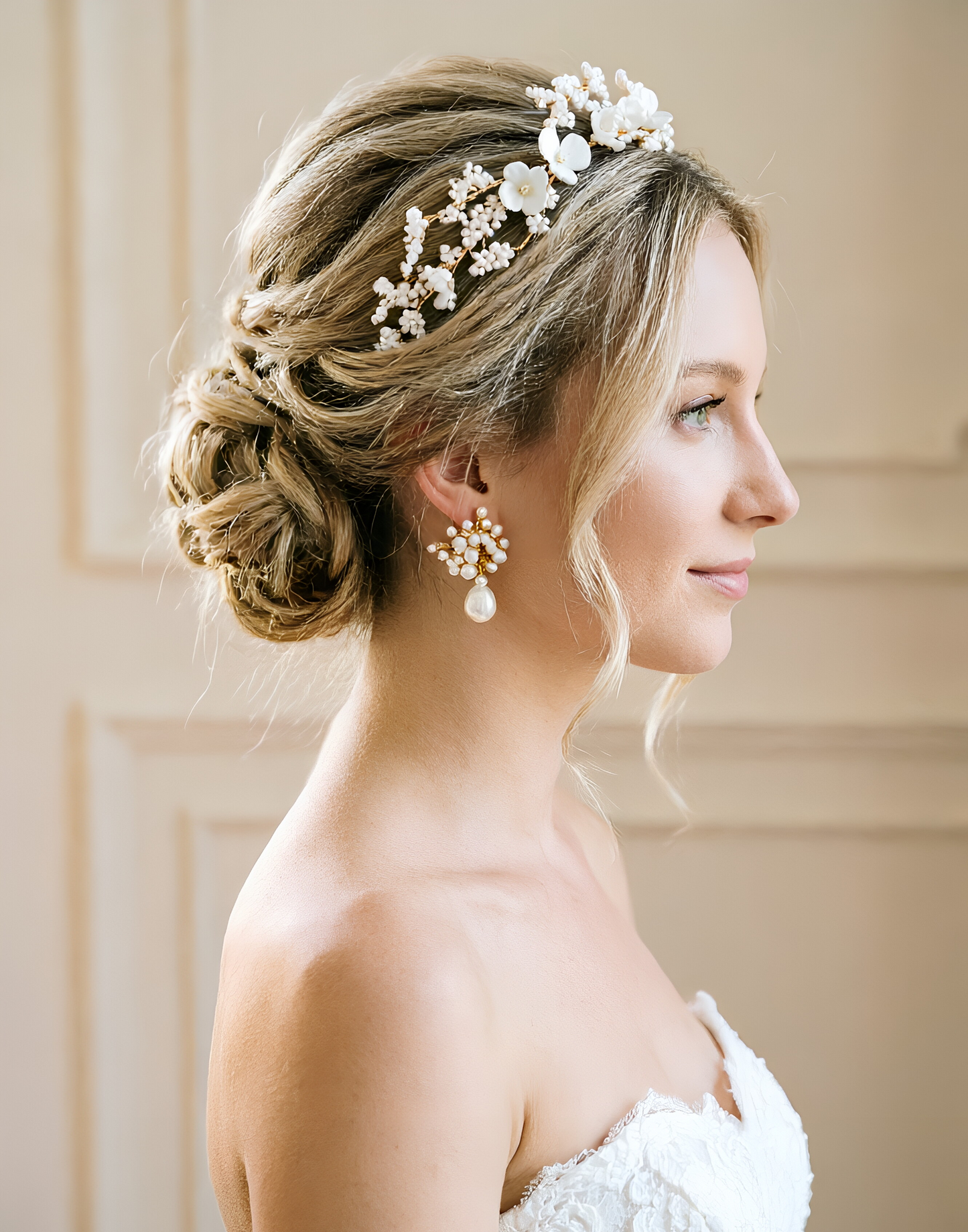 YINIW | Handmade Seed Bead Floral Bridal Headband with Pearl Firework Earrings Set