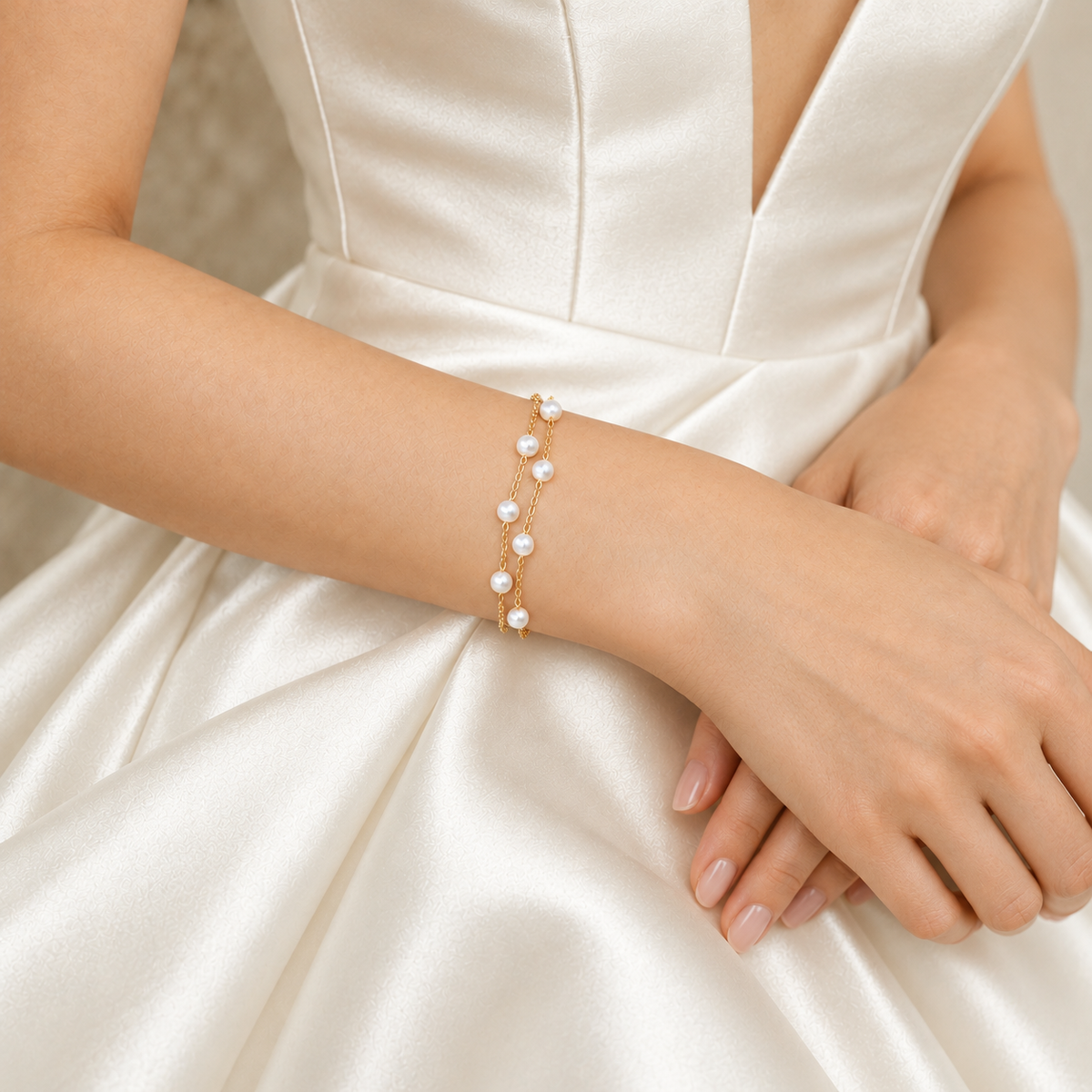 Double-strand pearl bracelet worn with hands crossed over a satin gown