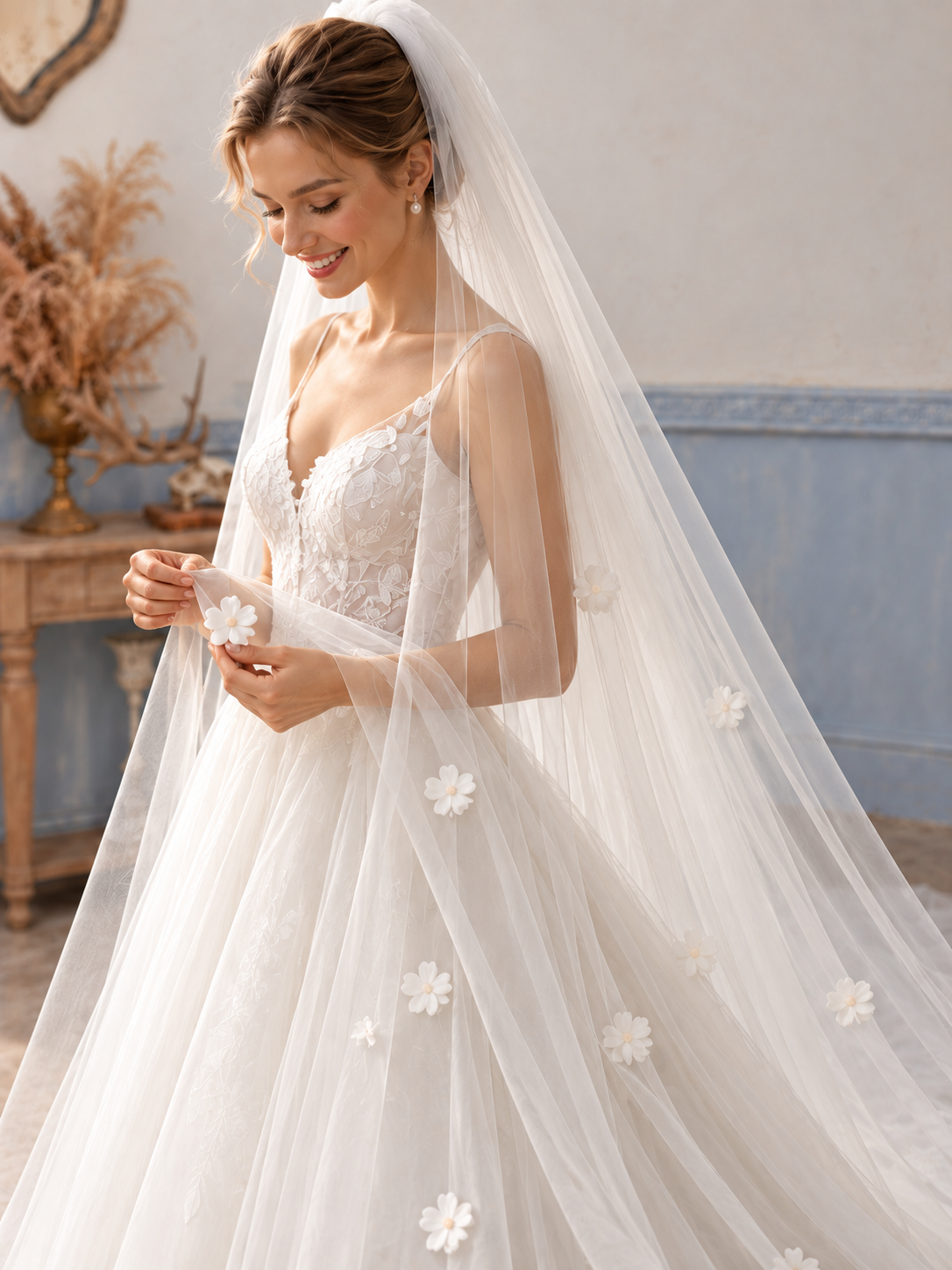 Bride holding the sheer tulle of a floral wedding veil, showing the layered white flower details