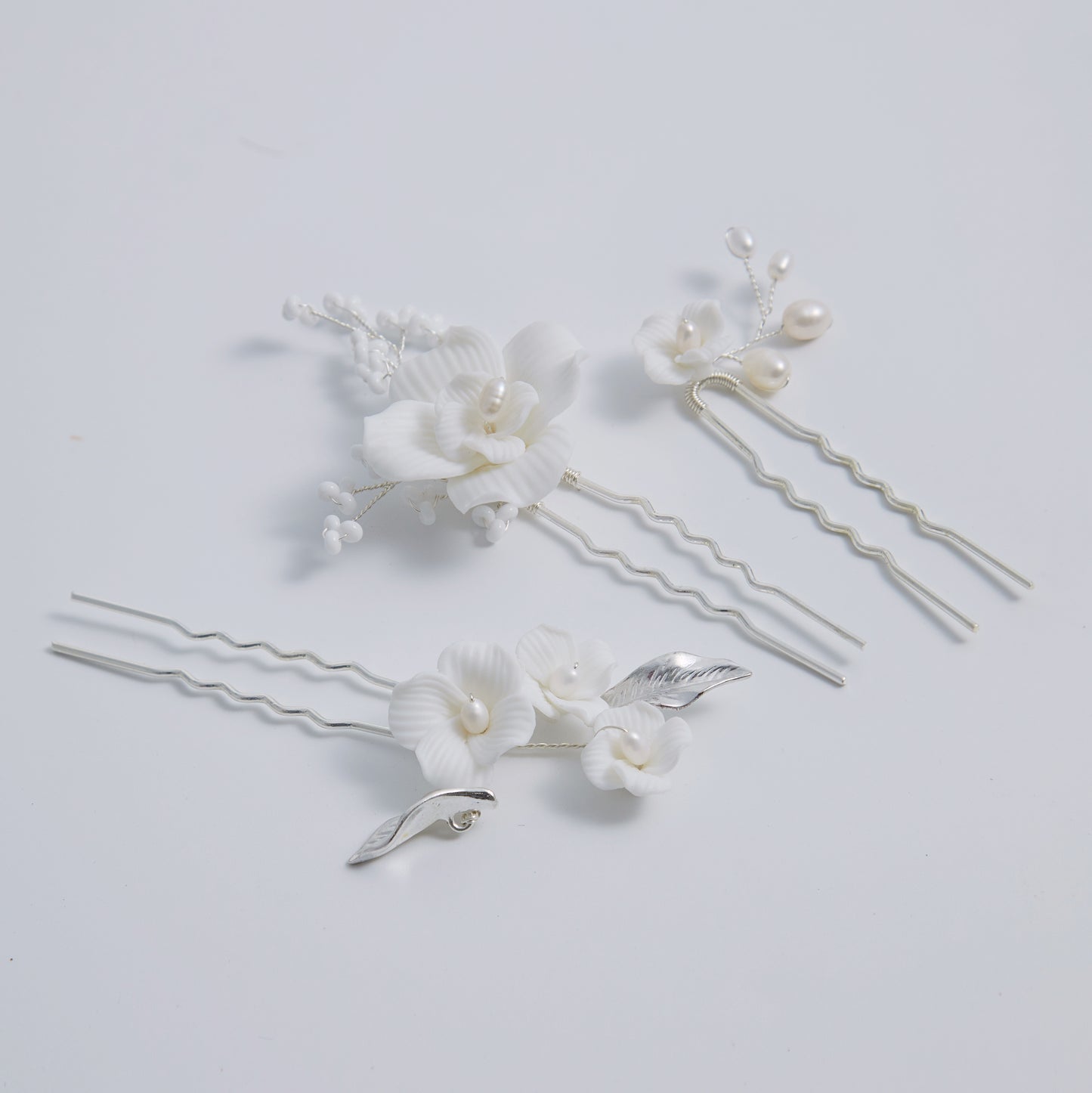 Set of 3 Elegant Pearl and Porcelain Floral Bridal Hairpins
