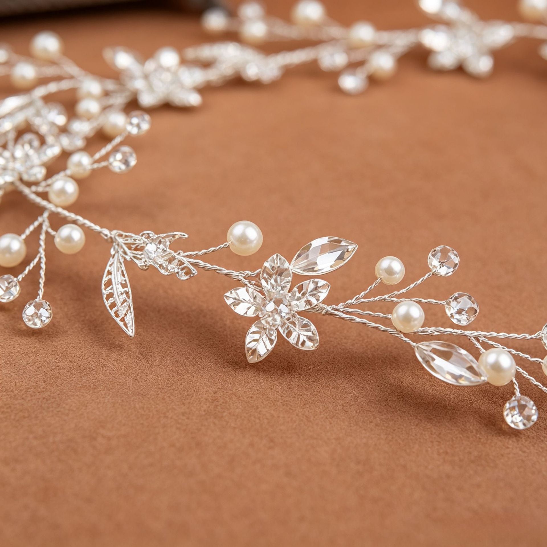 Close-up of pearl and crystal detailing on silver bridal hair vine headpiece