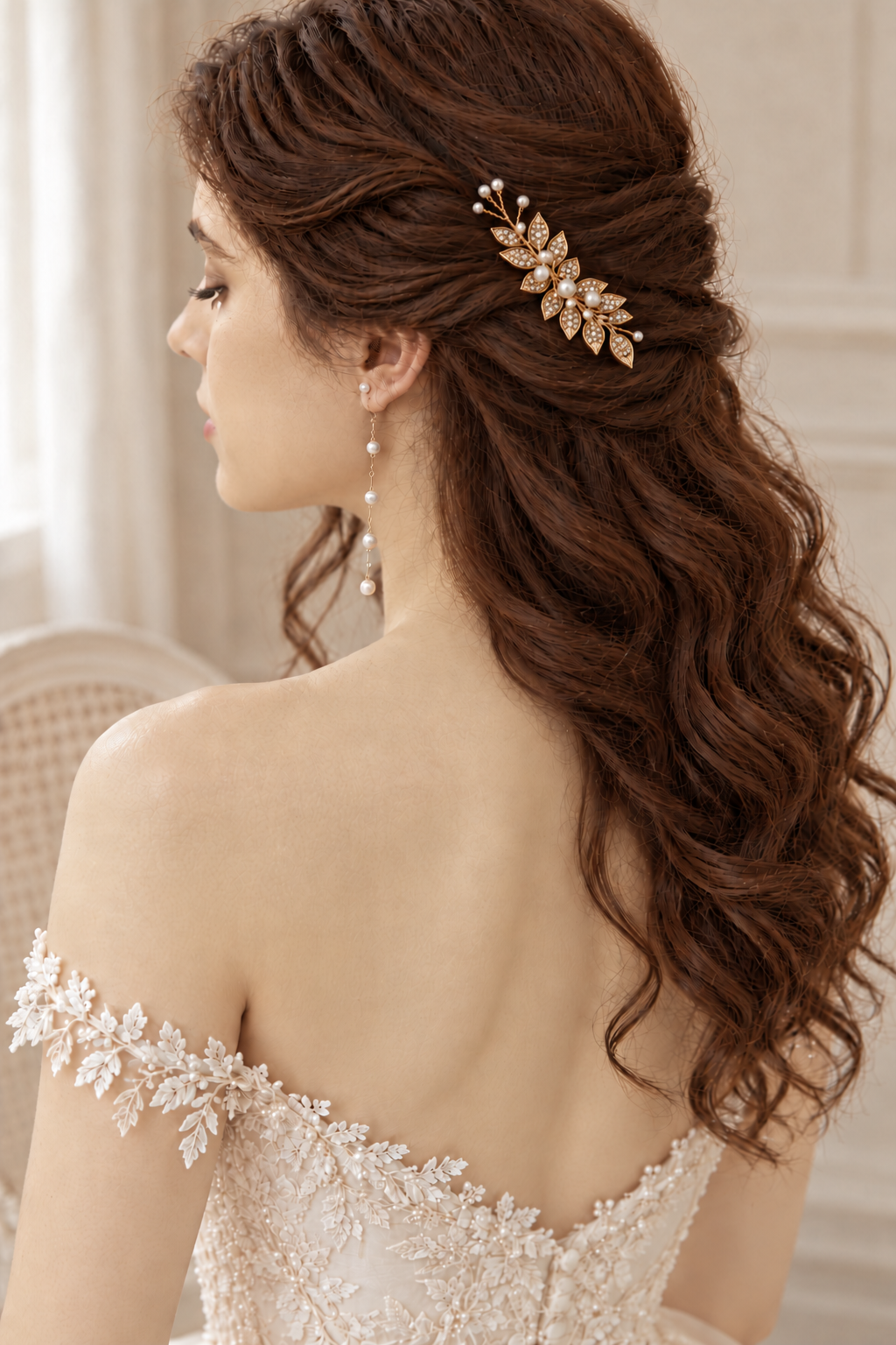 Rear three-quarter view of a bride wearing a gold leaf hair comb in long brown half-up curls