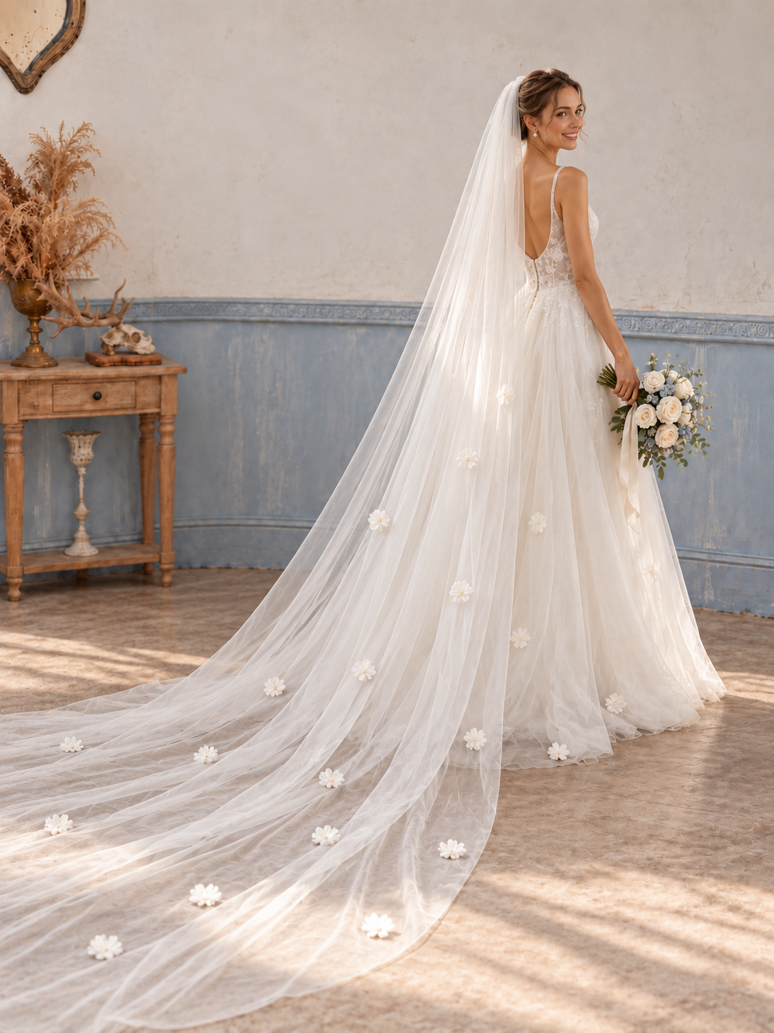 Three-quarter rear view of a bride with a long white floral veil and a bouquet
