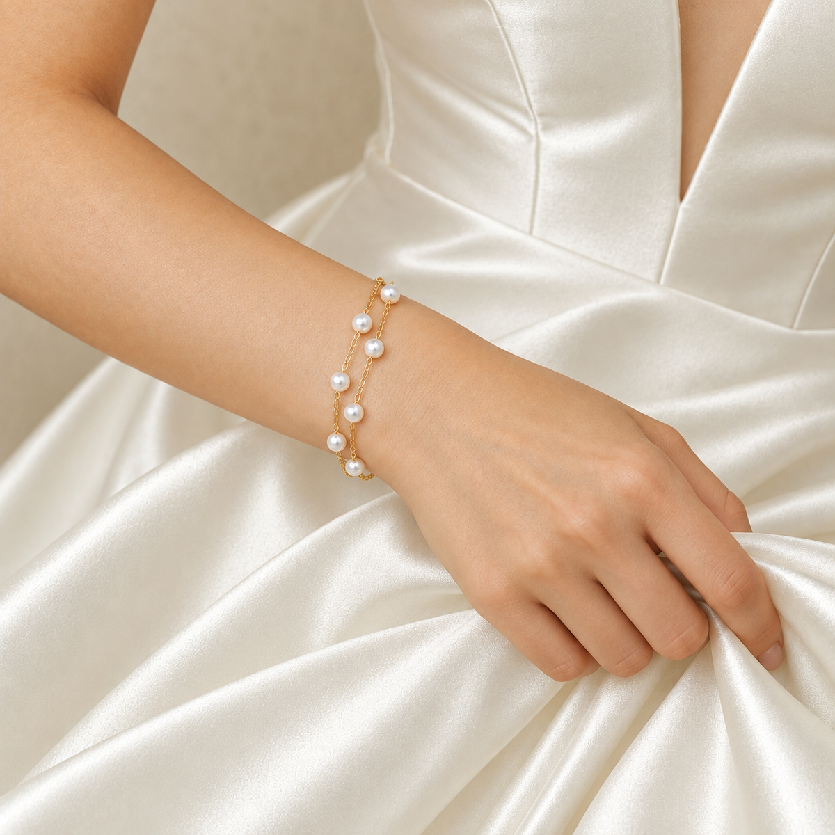 Gold pearl bridal bracelet worn while gently holding a satin skirt