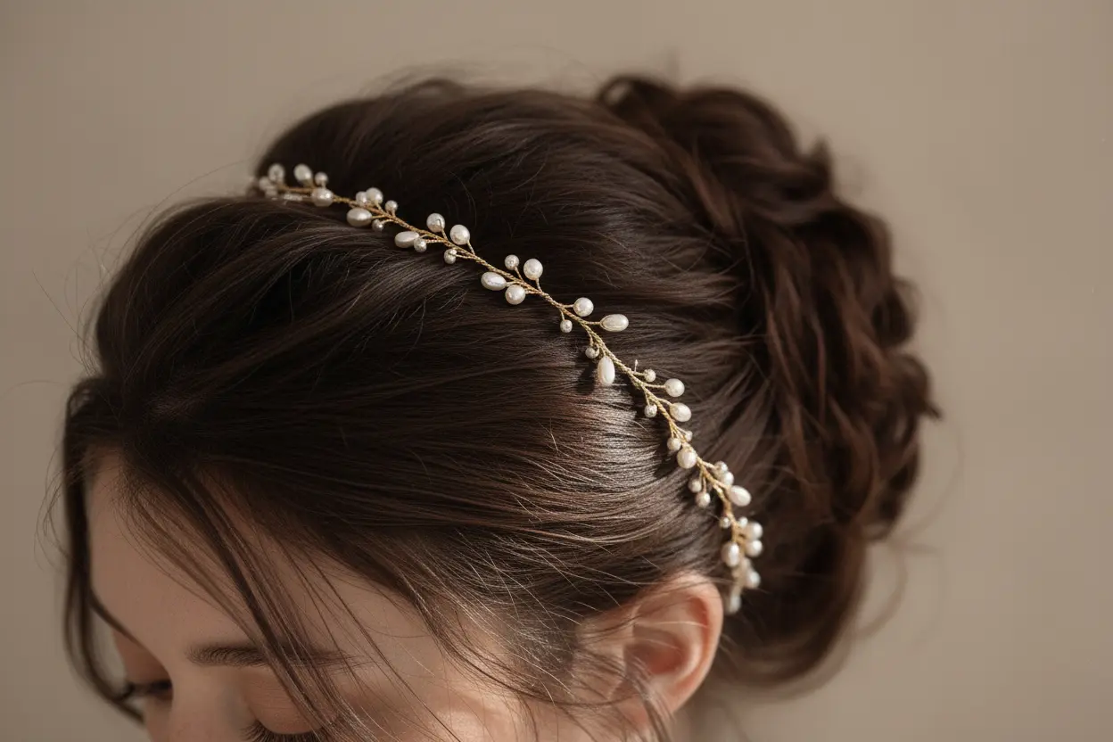 Close-up detail of freshwater pearls and twisted gold-plated wire on handmade bridal crown, showing intricate hand-wrapped craftsmanship
