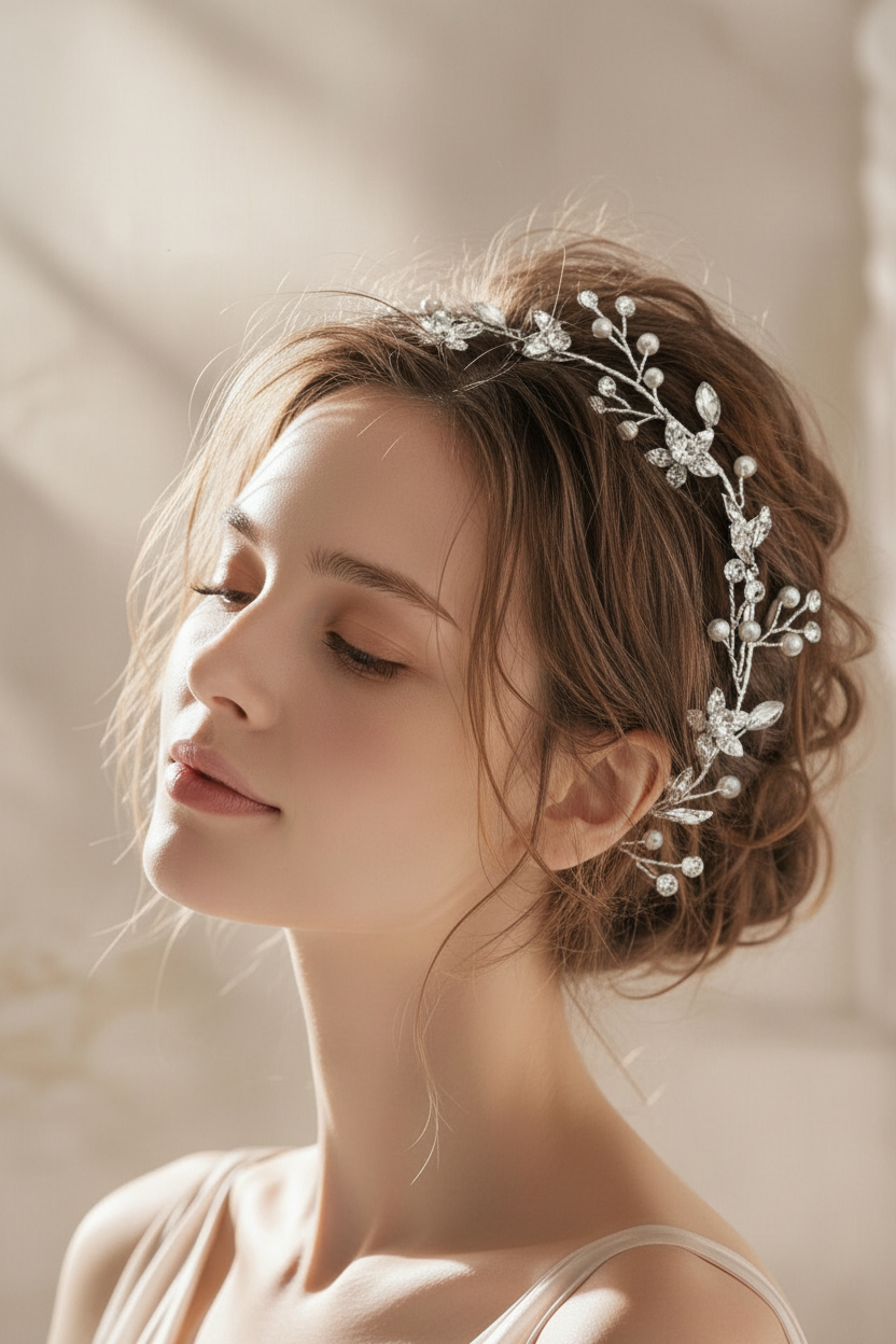 Bride wearing silver pearl crystal hair vine woven through elegant wedding updo hairstyle
