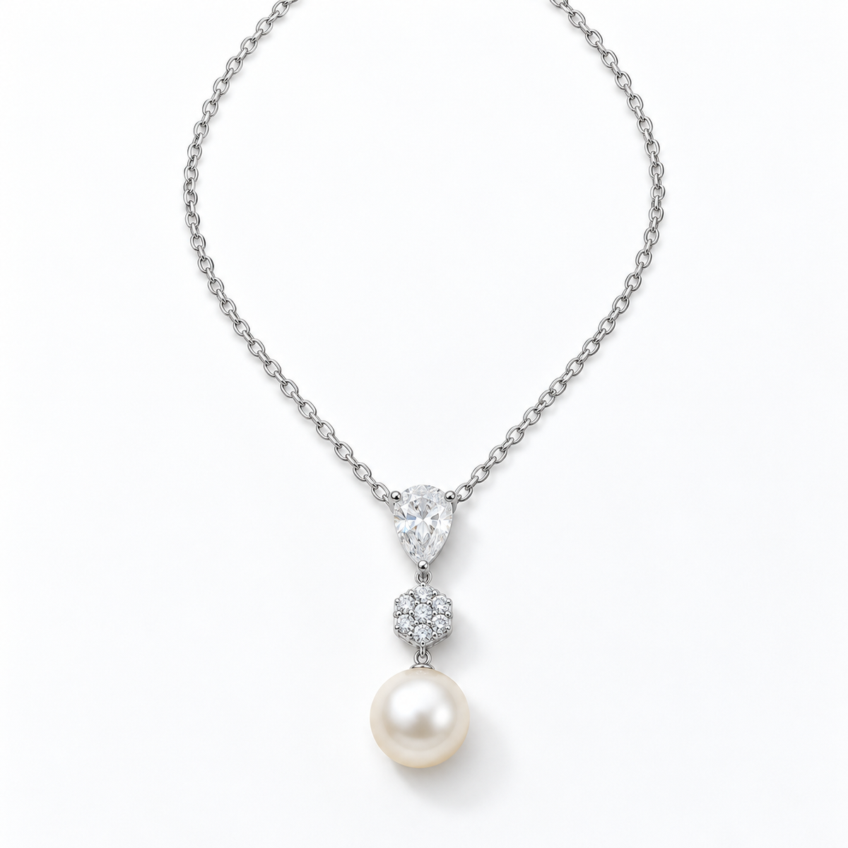 Silver crystal and pearl pendant necklace with a fine cable chain