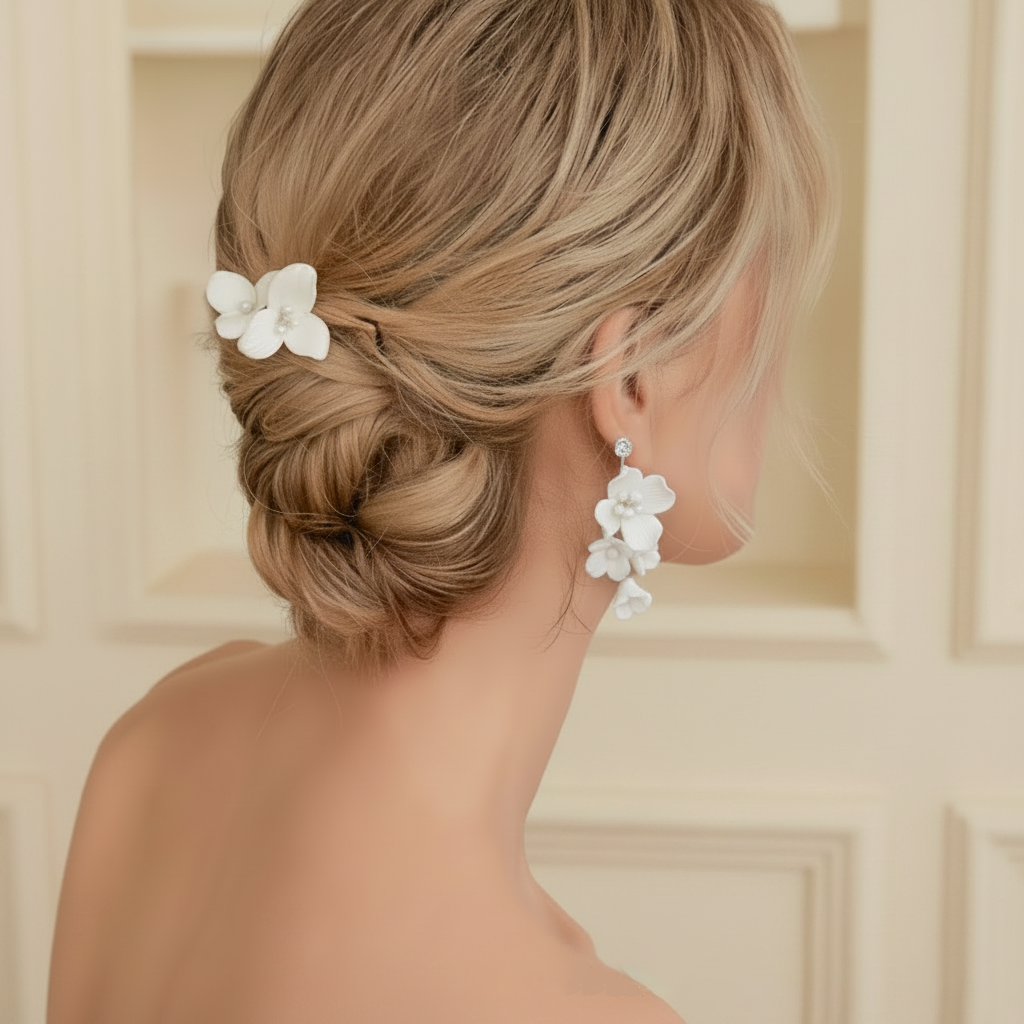 Bride wearing ceramic flower hair comb and earrings wedding day
