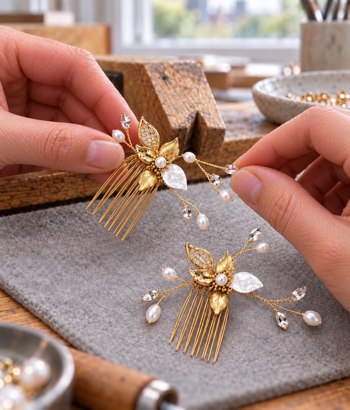 AI-generated craft illustration of hands arranging a gold pearl and CZ hair comb beside its matching comb