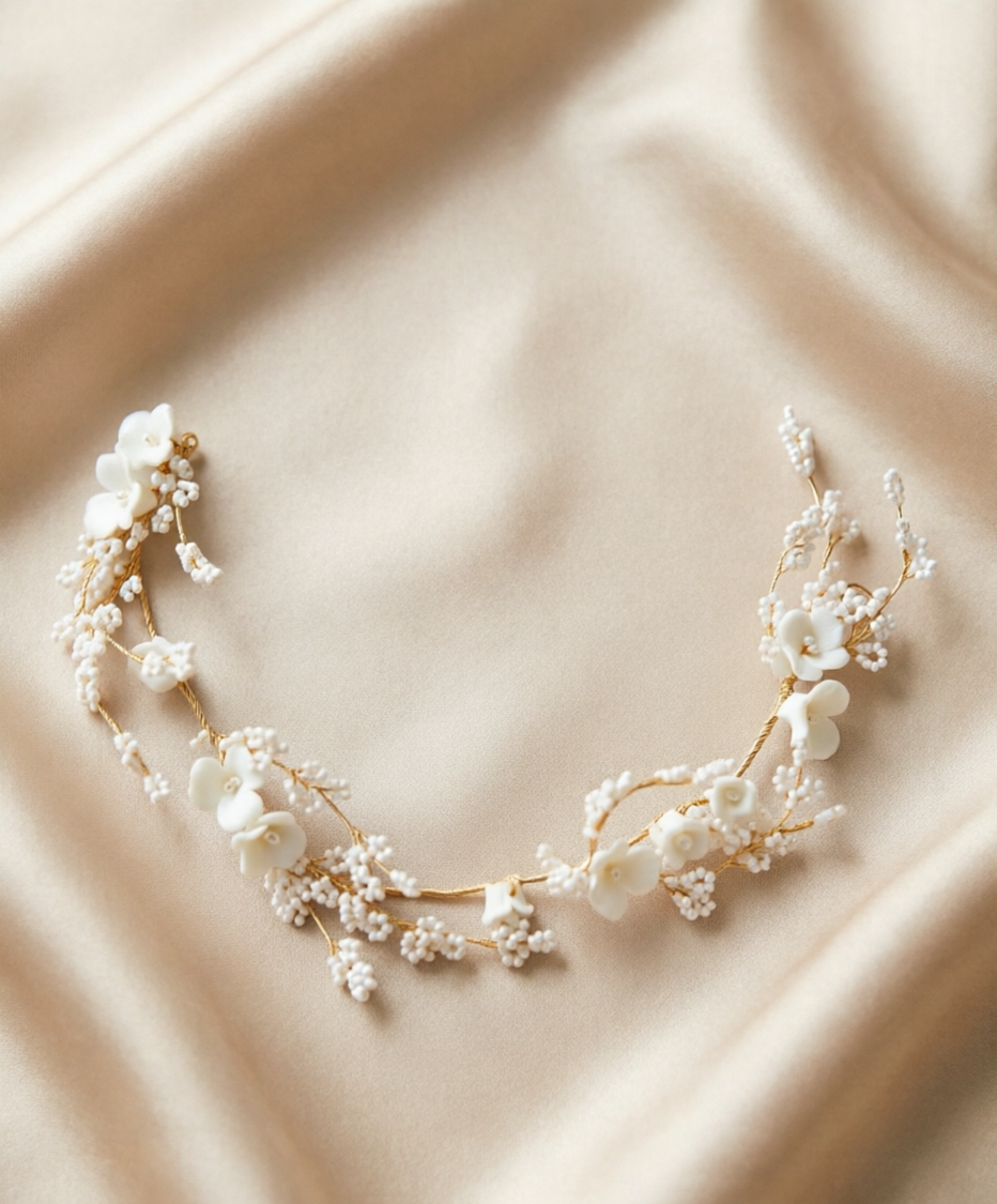 YINIW | Handmade Seed Bead Floral Bridal Headband with Pearl Firework Earrings Set
