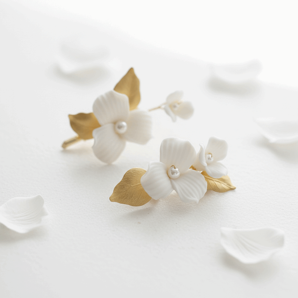 Delicate white porcelain flowers and gold leaves for handmade bridal hair accessories