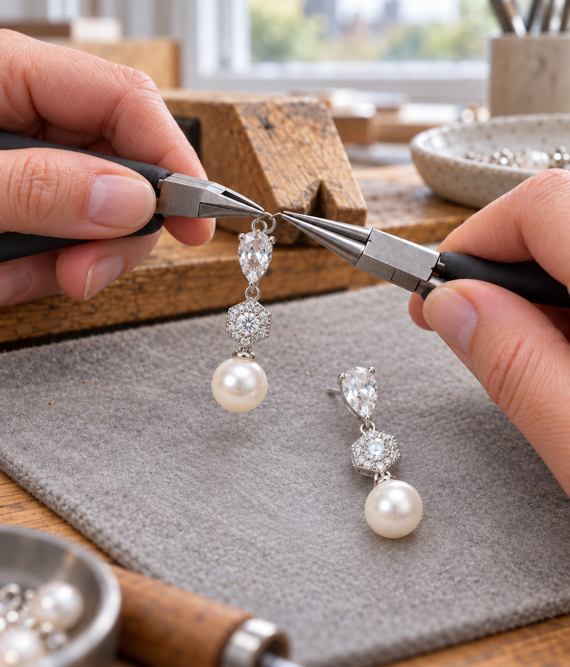 Illustrative workshop scene showing assembly of crystal and pearl earrings with jewellery pliers