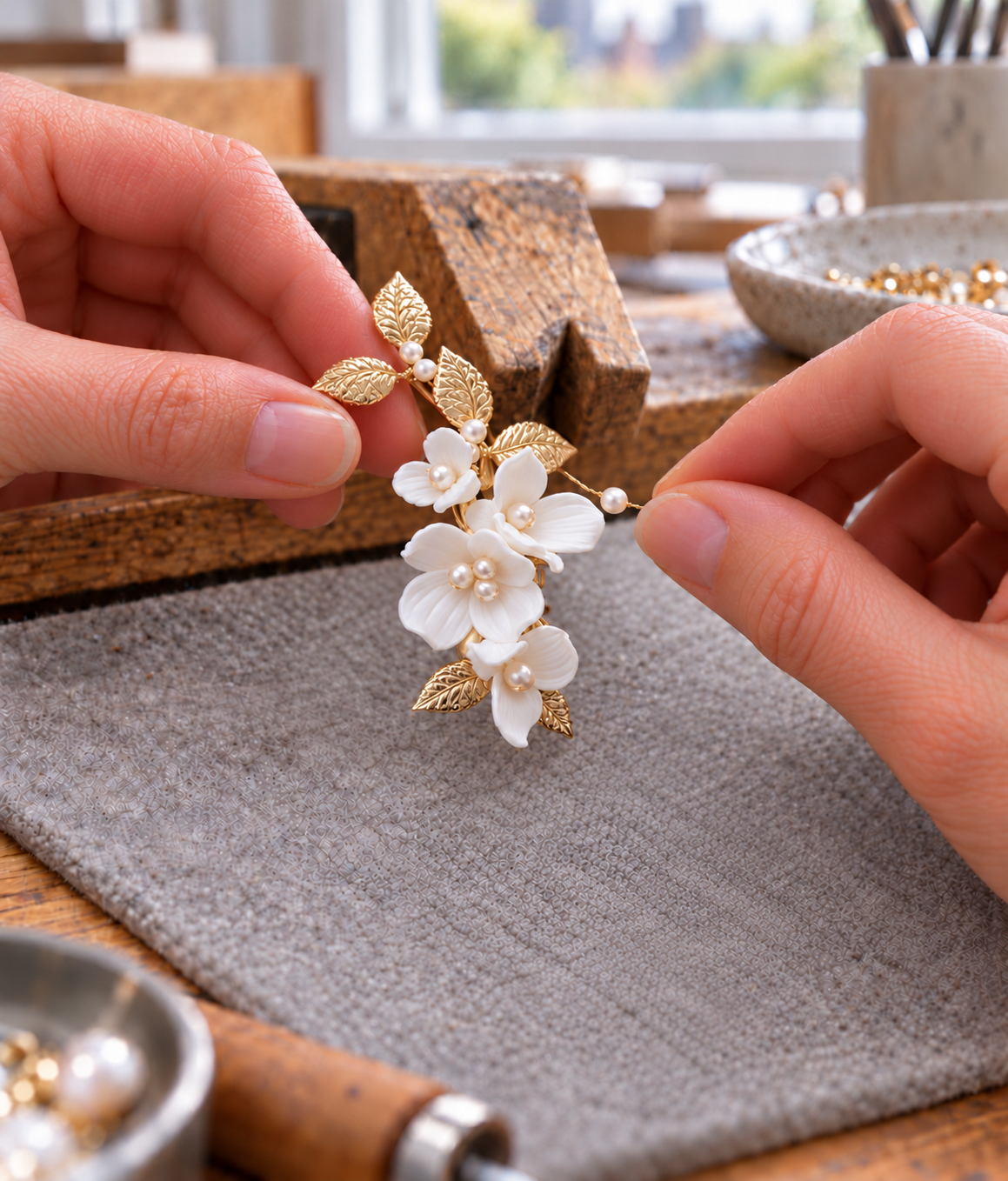 A close-up of hands holding a delicate floral hair pin with white flower petals, gold leaves, and pearl-like centers over a gray work surface in a jewelry-making setting.