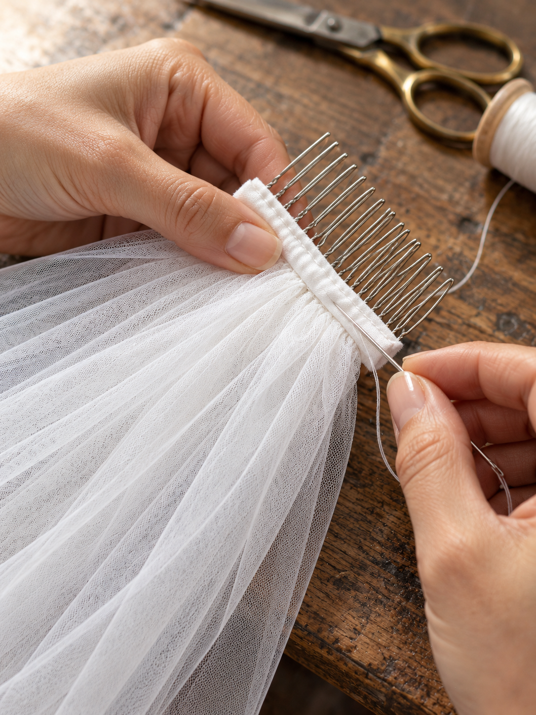 Close-up of a metal hair comb with a white fabric-covered base being attached to gathered veil tulle