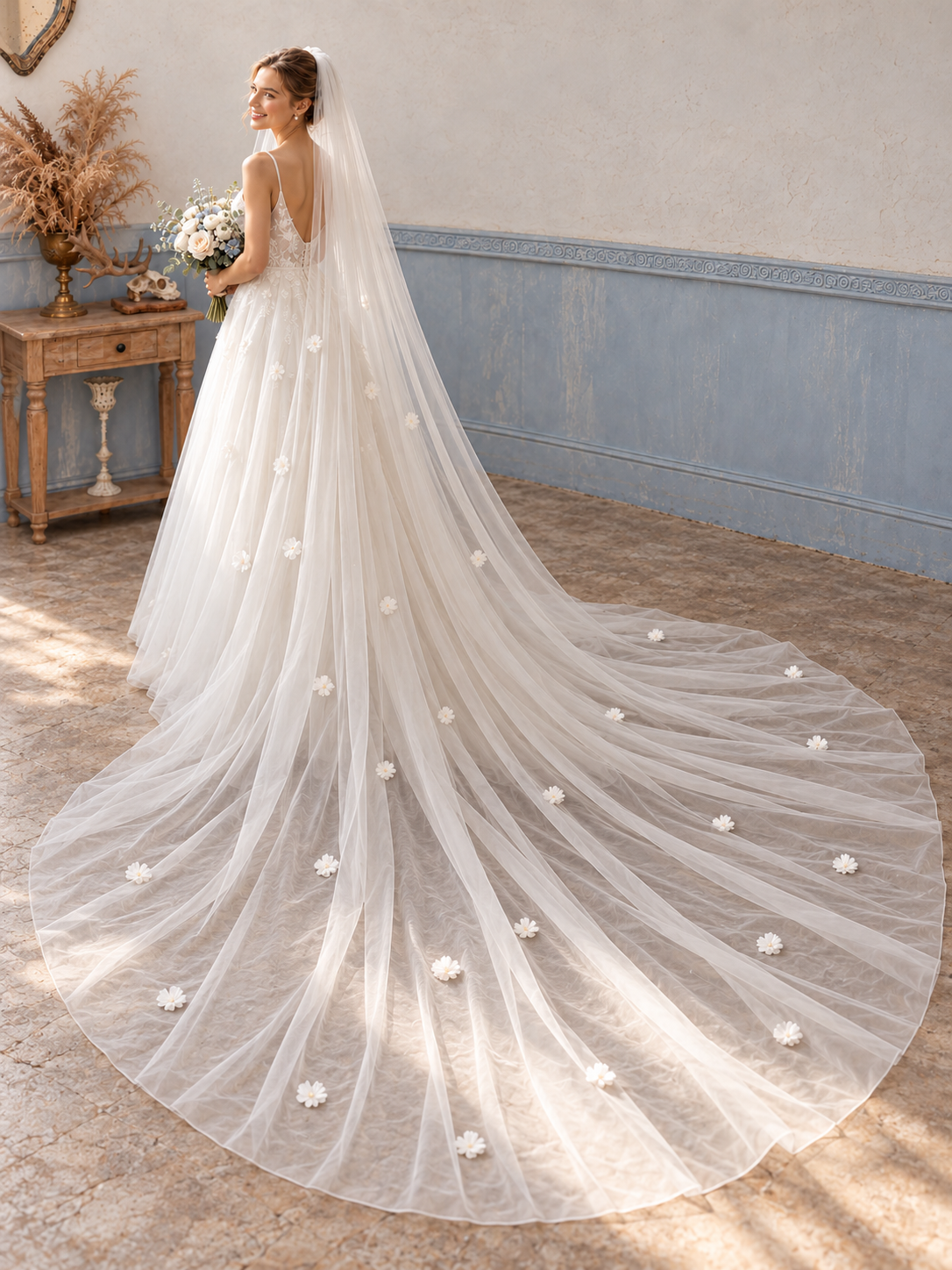 Full-length rear view of a floral cathedral wedding veil with its train spread across the floor