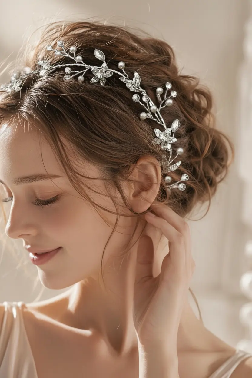 Bride wearing silver pearl crystal hair vine woven through elegant wedding updo hairstyle