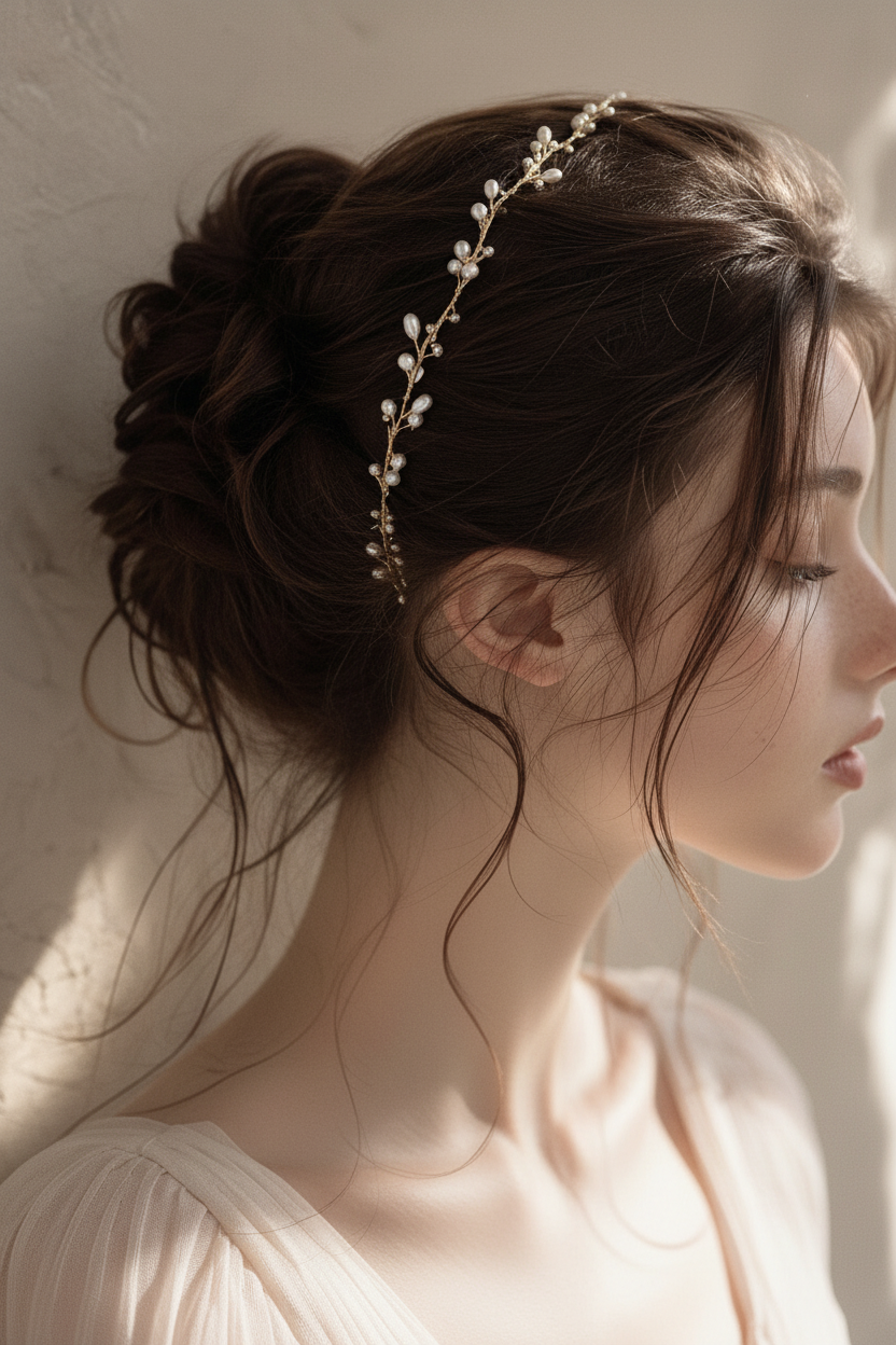 Bride wearing delicate pearl and gold wire wedding crown in side profile, showcasing lightweight adjustable bridal headpiece
